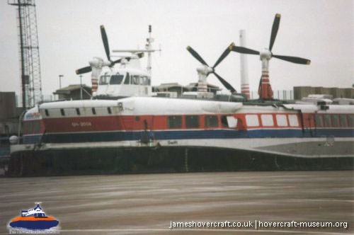 SRN4 Swift (GH-2004) being repaired after an incident at Dover -   (submitted by The <a href='http://www.hovercraft-museum.org/' target='_blank'>Hovercraft Museum Trust</a>).